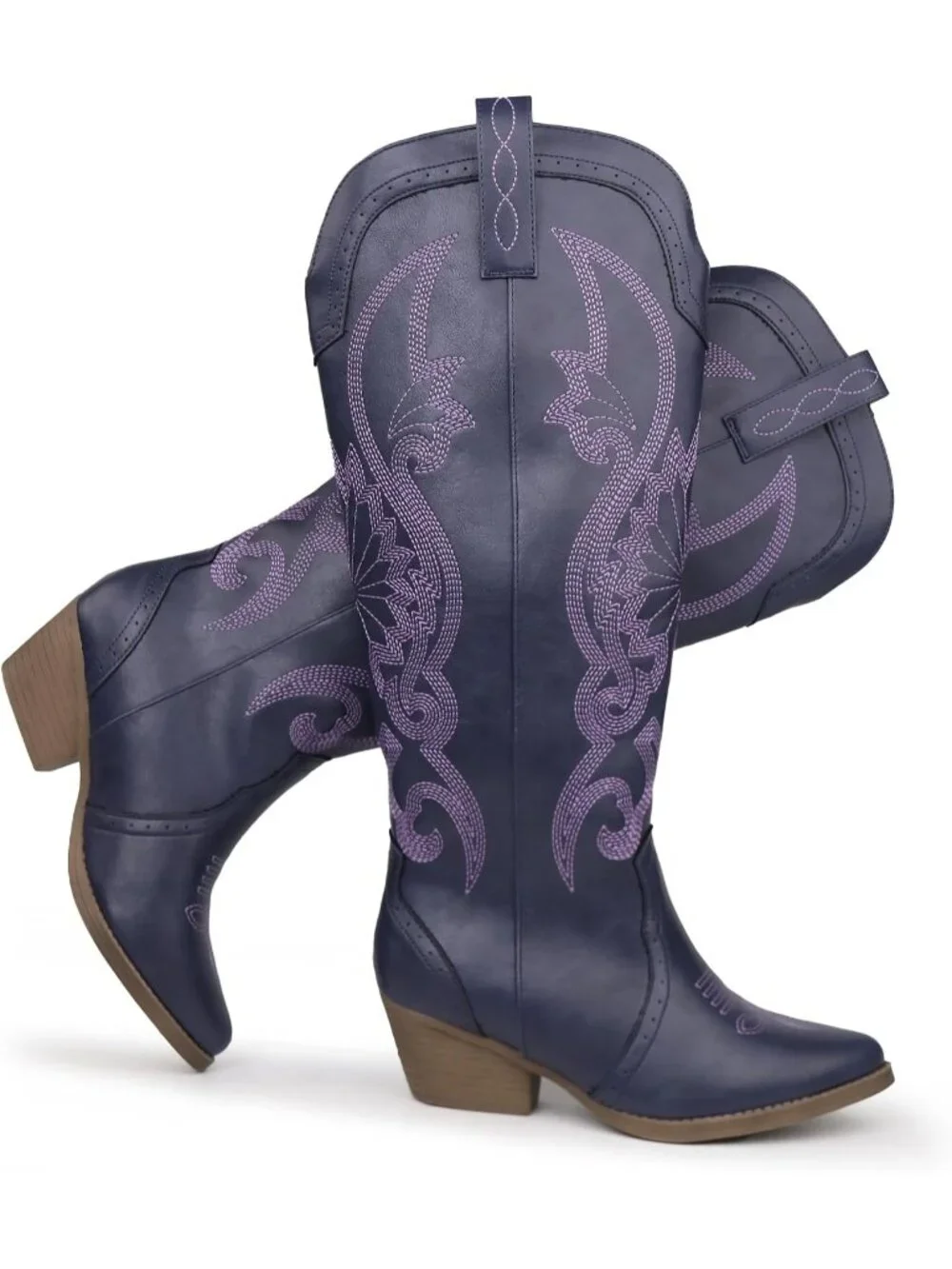 Women's Purple Pointed Toe Block Heel Classic Embroidered Western Knee High Boot